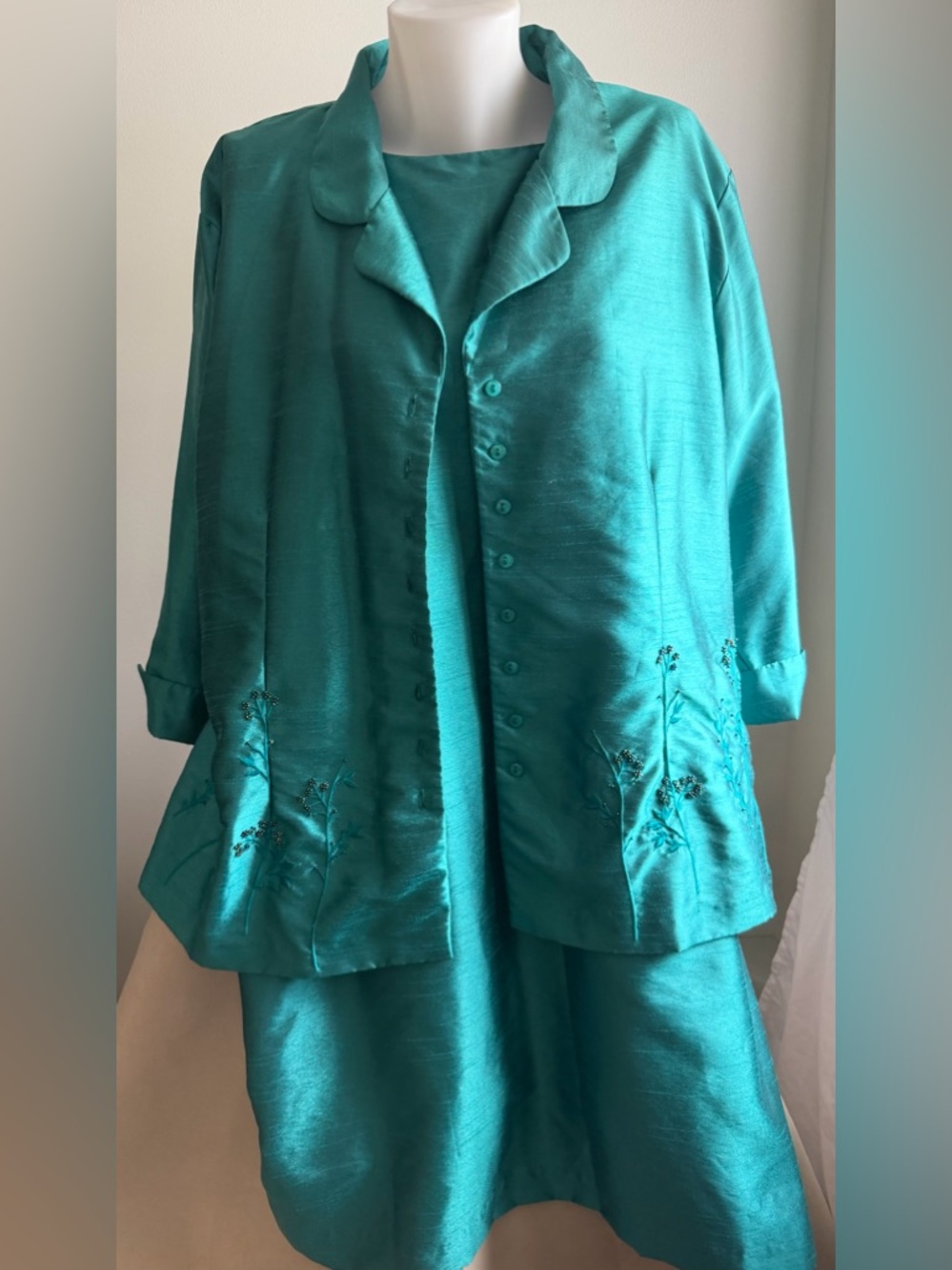 Coldwater Creek 3X Jade Green 2 Pc Dress Jacket Set Beaded Embroidered Plus Size